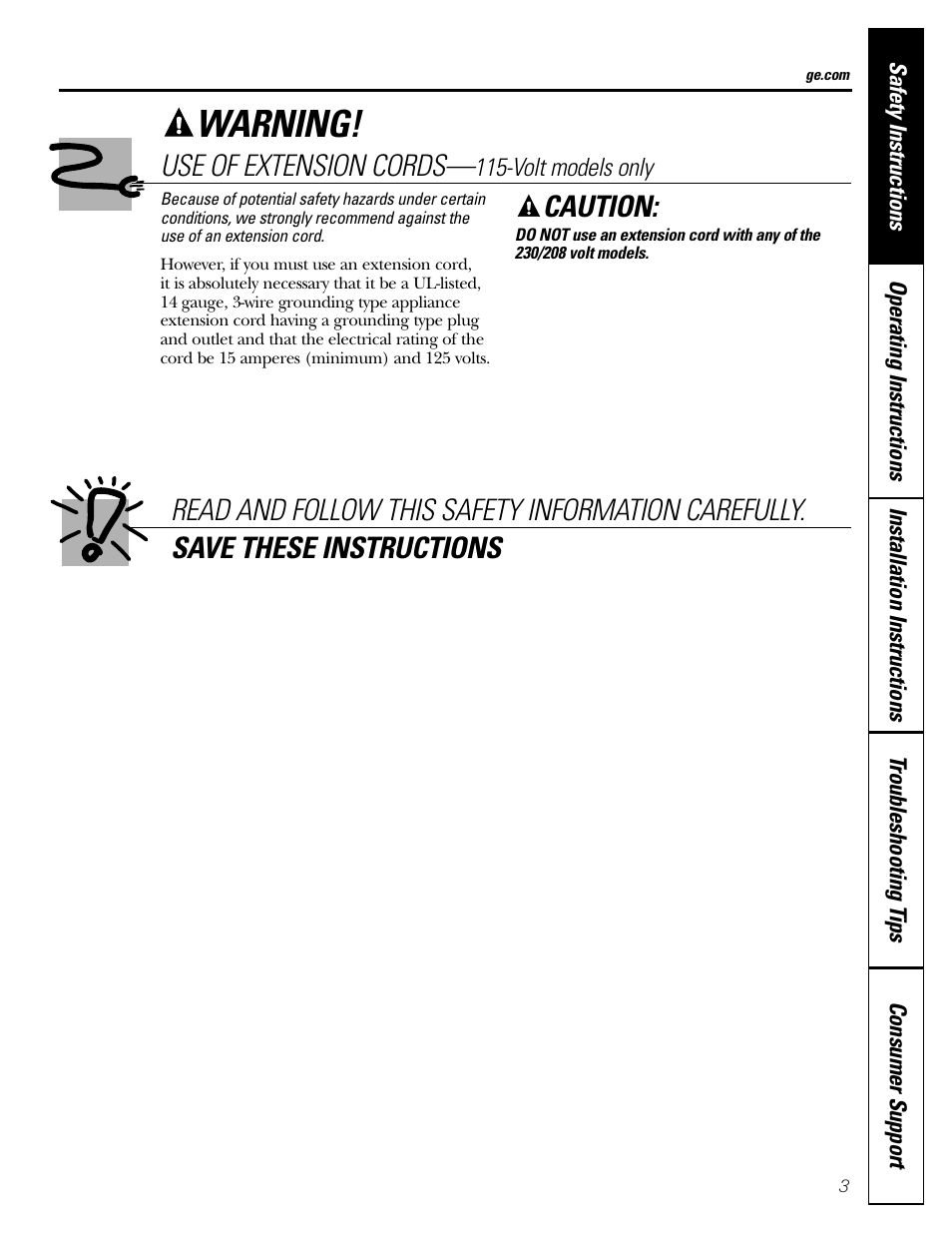 Warning, Caution, Use of extension cords | GE Money USA ASQ05 User Manual | Page 3 / 36