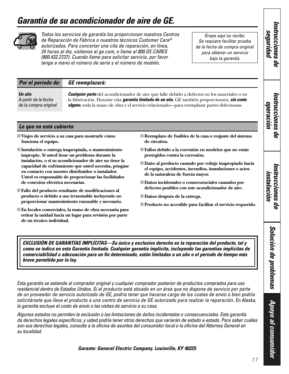 Garantía, Garantía de su acondicionador de aire de ge | GE Money USA ASQ05 User Manual | Page 35 / 36