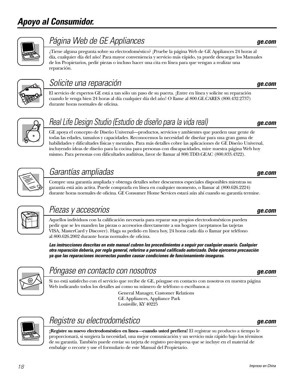 Apoyo al consumidor, Apoyo al consumidor. página web de ge appliances, Solicite una reparación | Garantías ampliadas, Piezas y accesorios, Póngase en contacto con nosotros, Registre su electrodoméstico | GE Money USA ASQ05 User Manual | Page 36 / 36