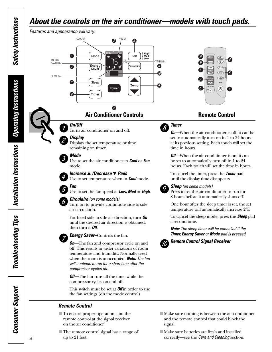 Controls—touch pads, Controls—touch pads , 5, Air conditioner controls | Remote control | GE Money USA ASQ05 User Manual | Page 4 / 36