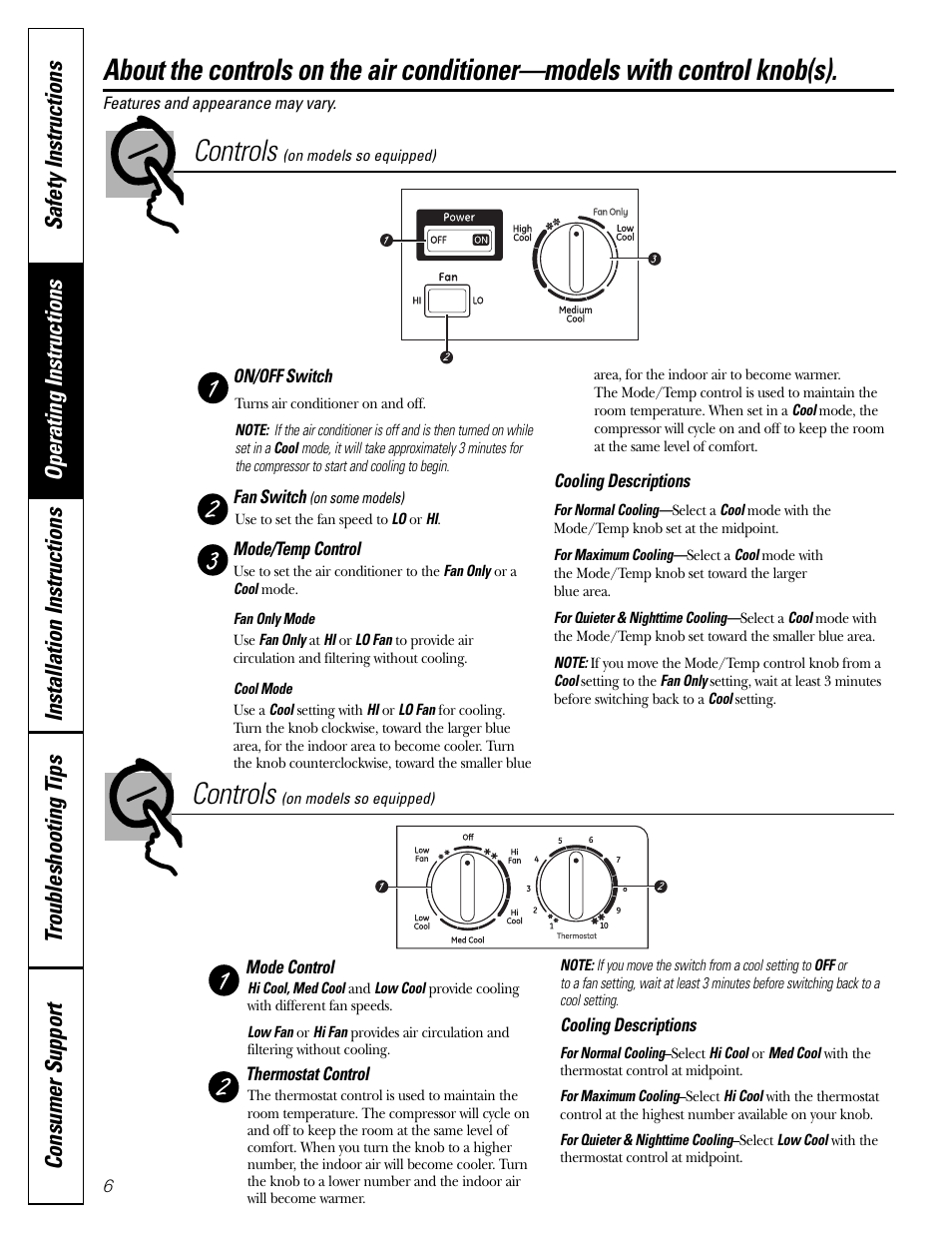Controls—control knobs, Controls—control knobs , 7, Controls | GE Money USA ASQ05 User Manual | Page 6 / 36