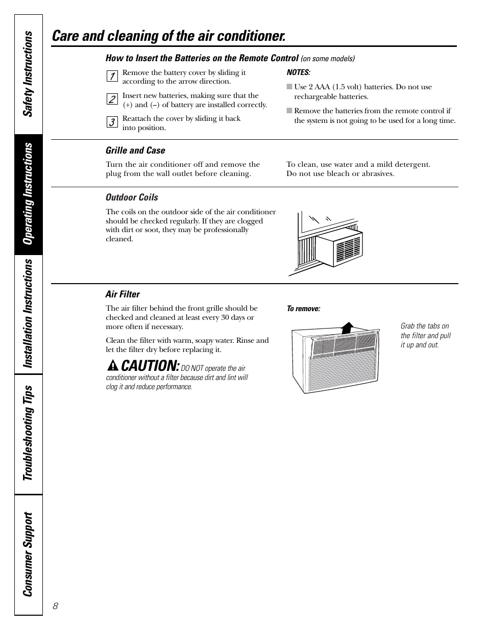 Air filter, Batteries, Grille and case | Outdoor coils, Air filter batteries grille and case outdoor coils, Care and cleaning of the air conditioner, Caution | GE Money USA ASQ05 User Manual | Page 8 / 36