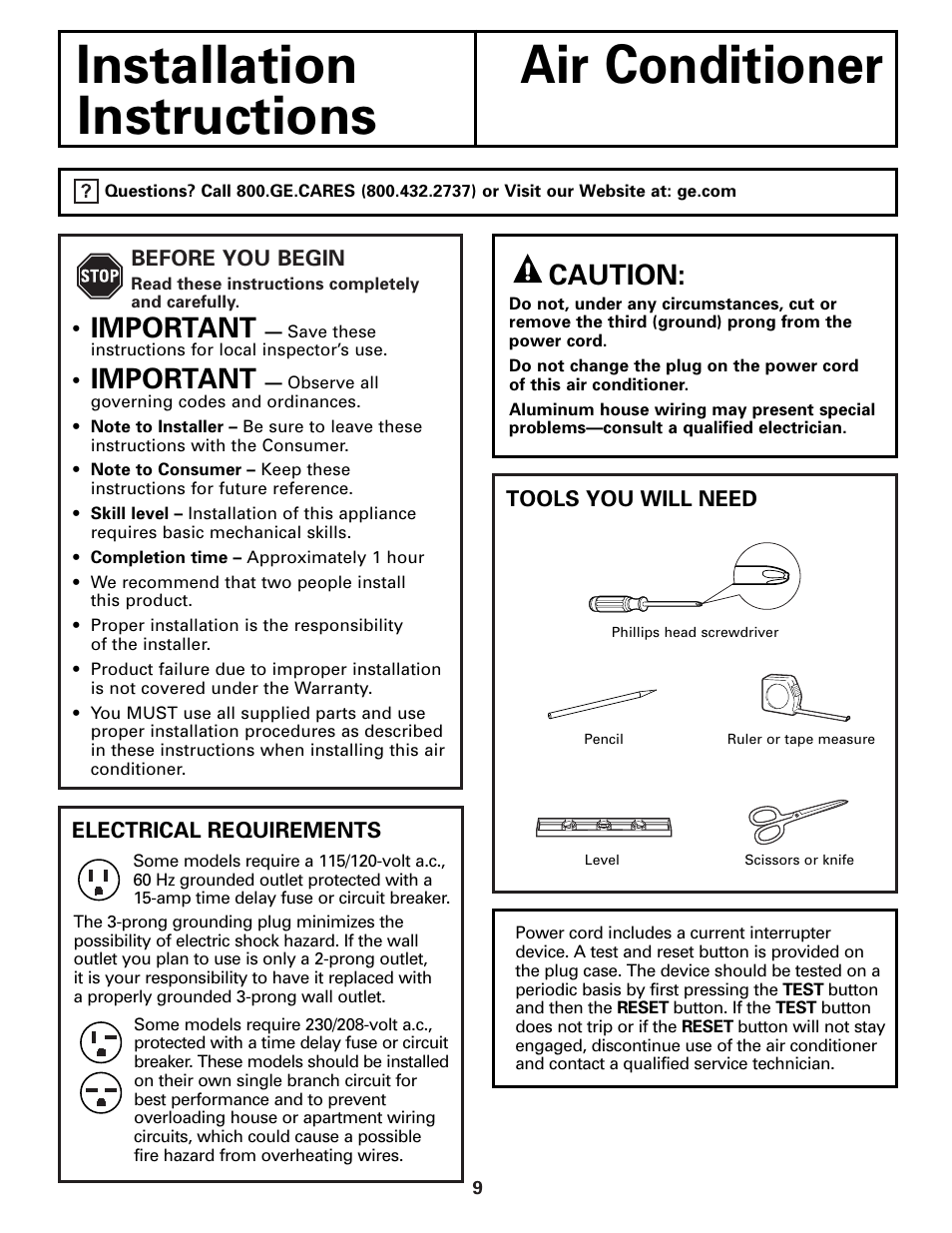 Installation instructions, Installation air conditioner instructions, Important | Caution | GE Money USA ASQ05 User Manual | Page 9 / 36
