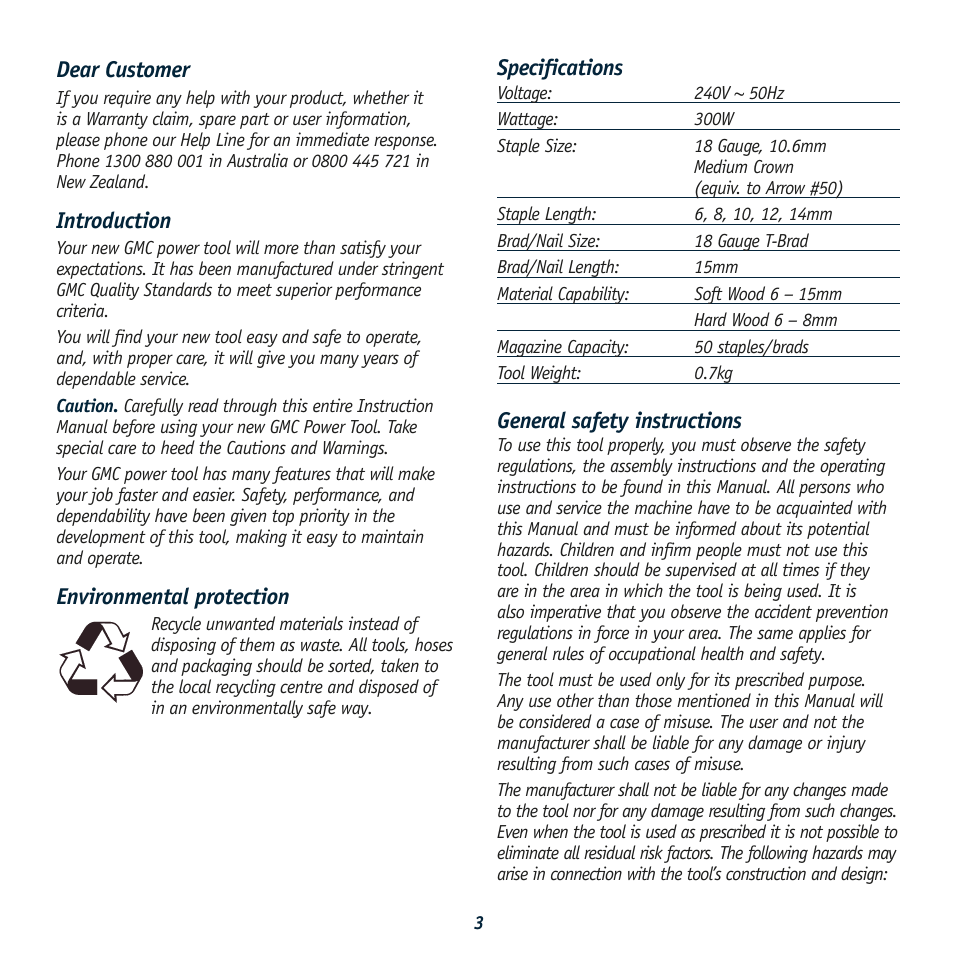 Specifications, General safety instructions, Dear customer | Introduction, Environmental protection | Global Machinery Company 300W User Manual | Page 3 / 8