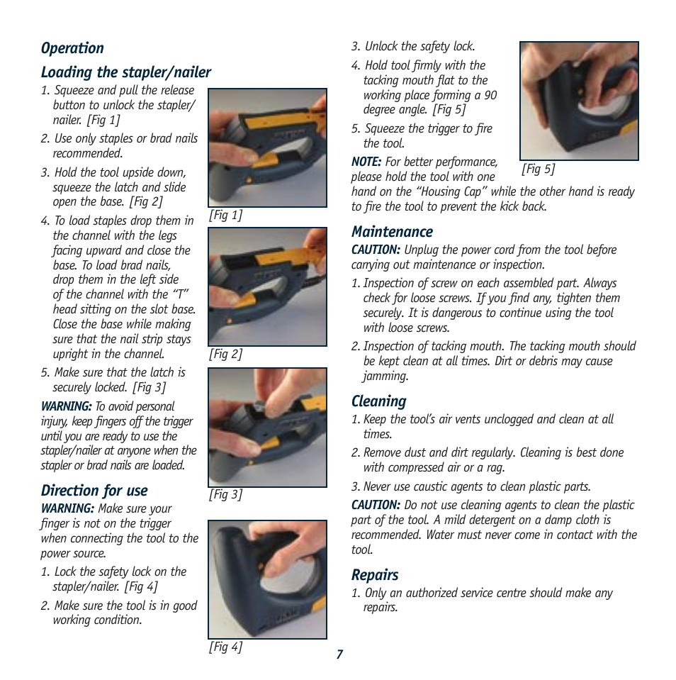 Operation loading the stapler/nailer, Direction for use, Maintenance | Cleaning, Repairs | Global Machinery Company 300W User Manual | Page 7 / 8