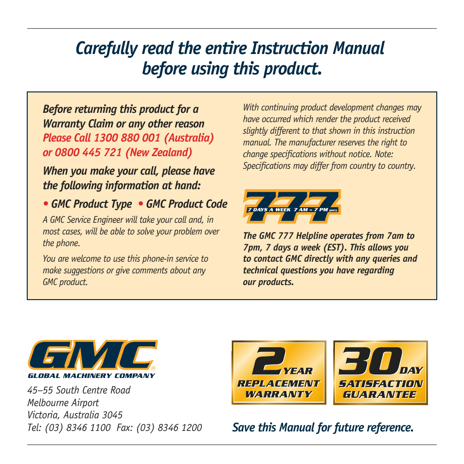 Global Machinery Company ATBR1650K User Manual | Page 16 / 16