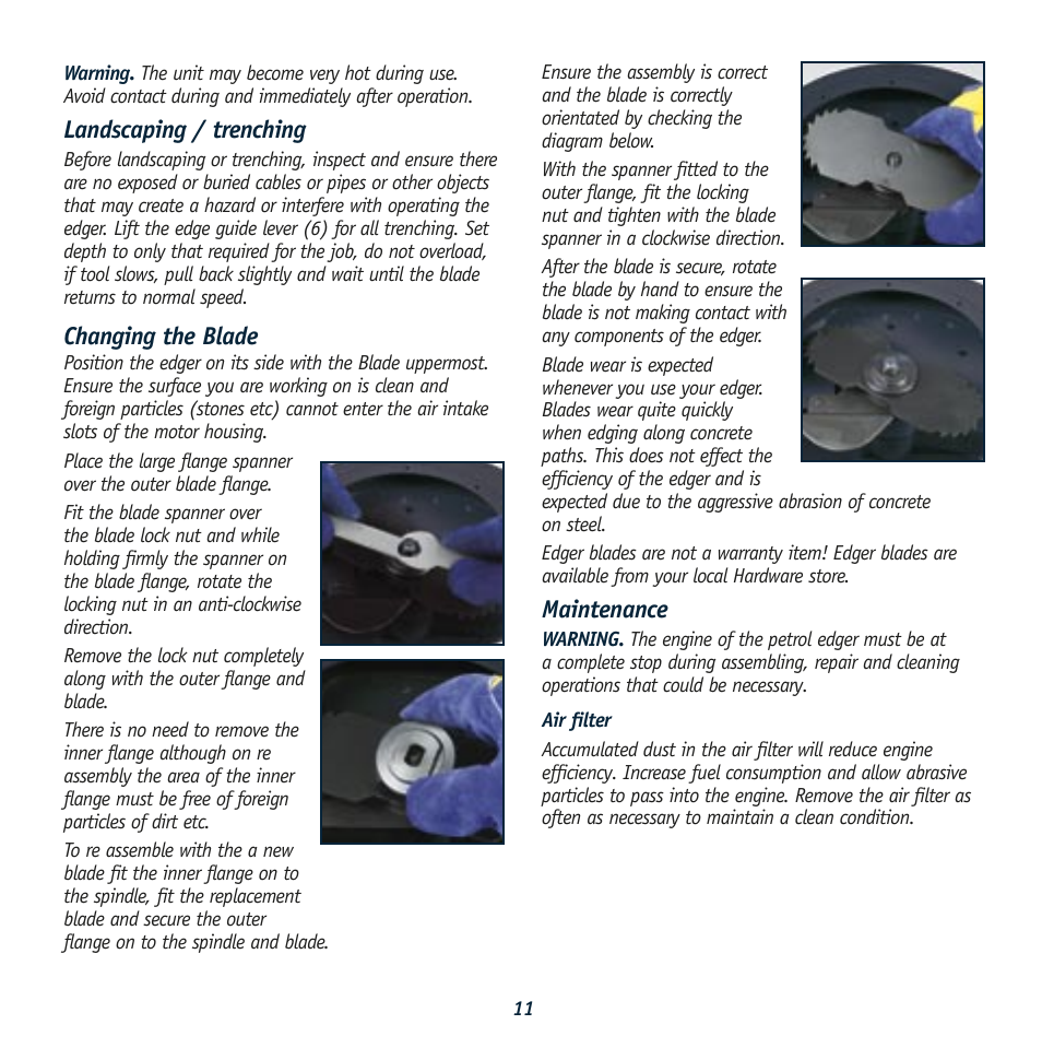 Landscaping / trenching, Changing the blade, Maintenance | Global Machinery Company PEDG User Manual | Page 11 / 16