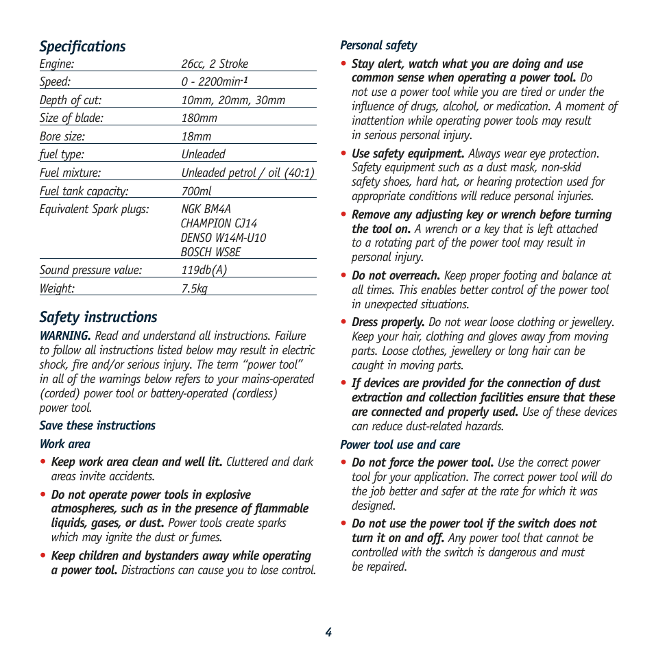 Specifications, Safety instructions | Global Machinery Company PEDG User Manual | Page 4 / 16