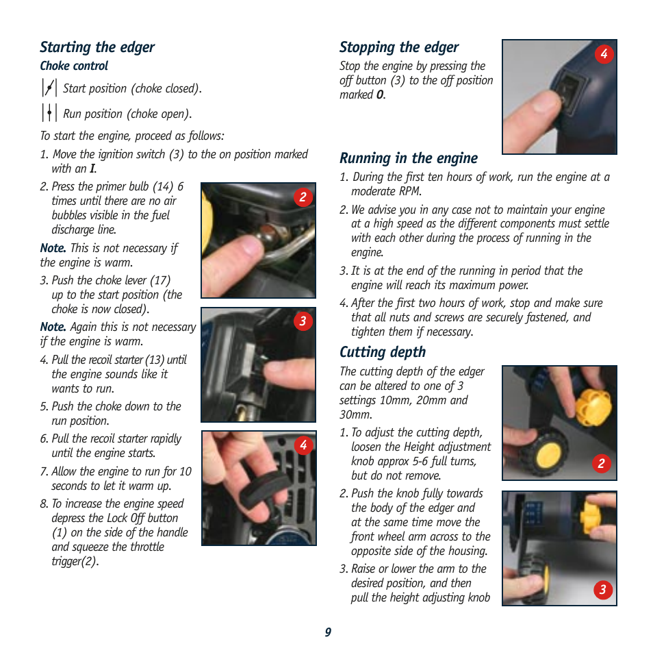 Starting the edger, Stopping the edger, Running in the engine | Cutting depth | Global Machinery Company PEDG User Manual | Page 9 / 16