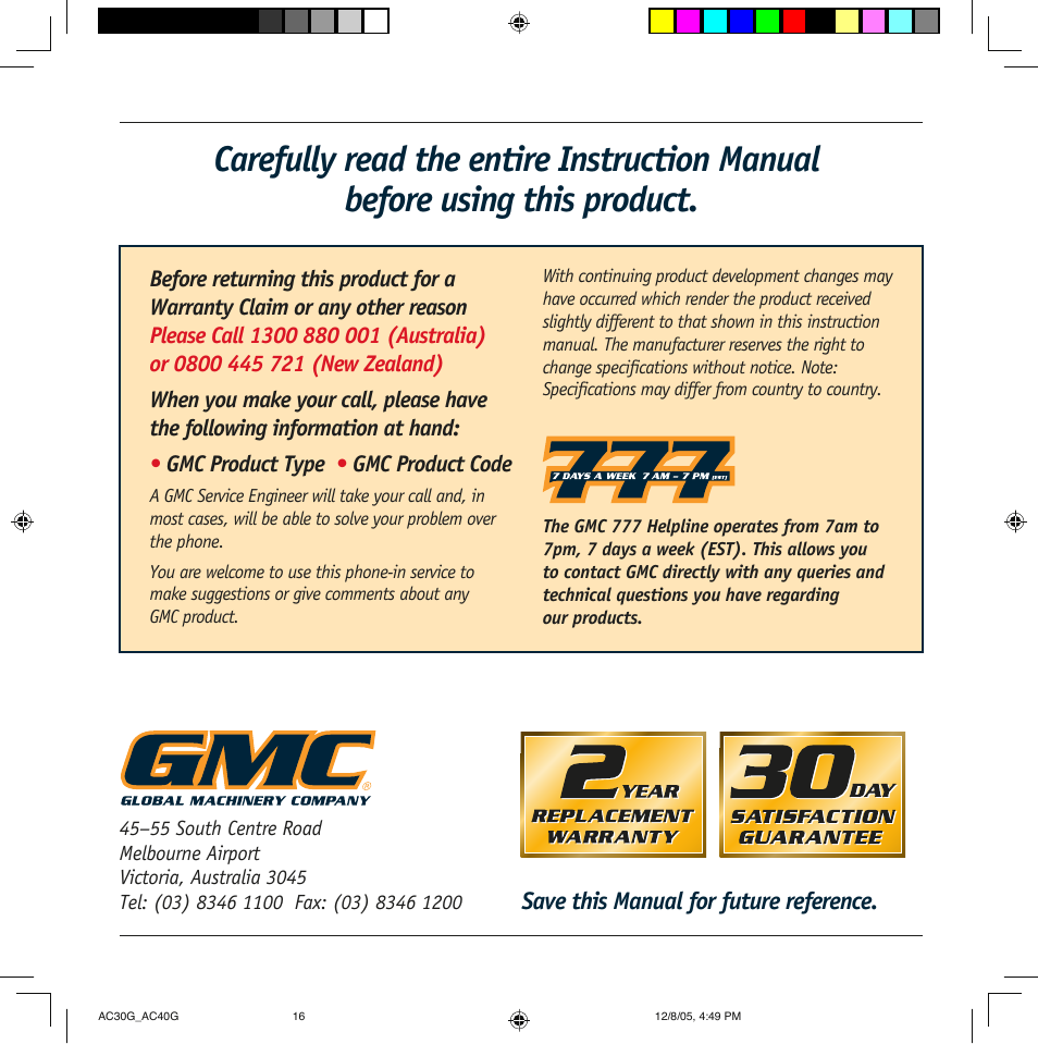 Global Machinery Company AC30G User Manual | Page 16 / 16