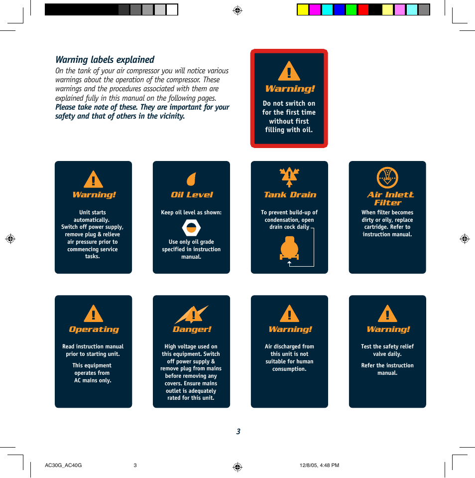 Warning labels explained, Warning, Oil level | Tank drain, Operating, Air inletł filter danger | Global Machinery Company AC30G User Manual | Page 3 / 16