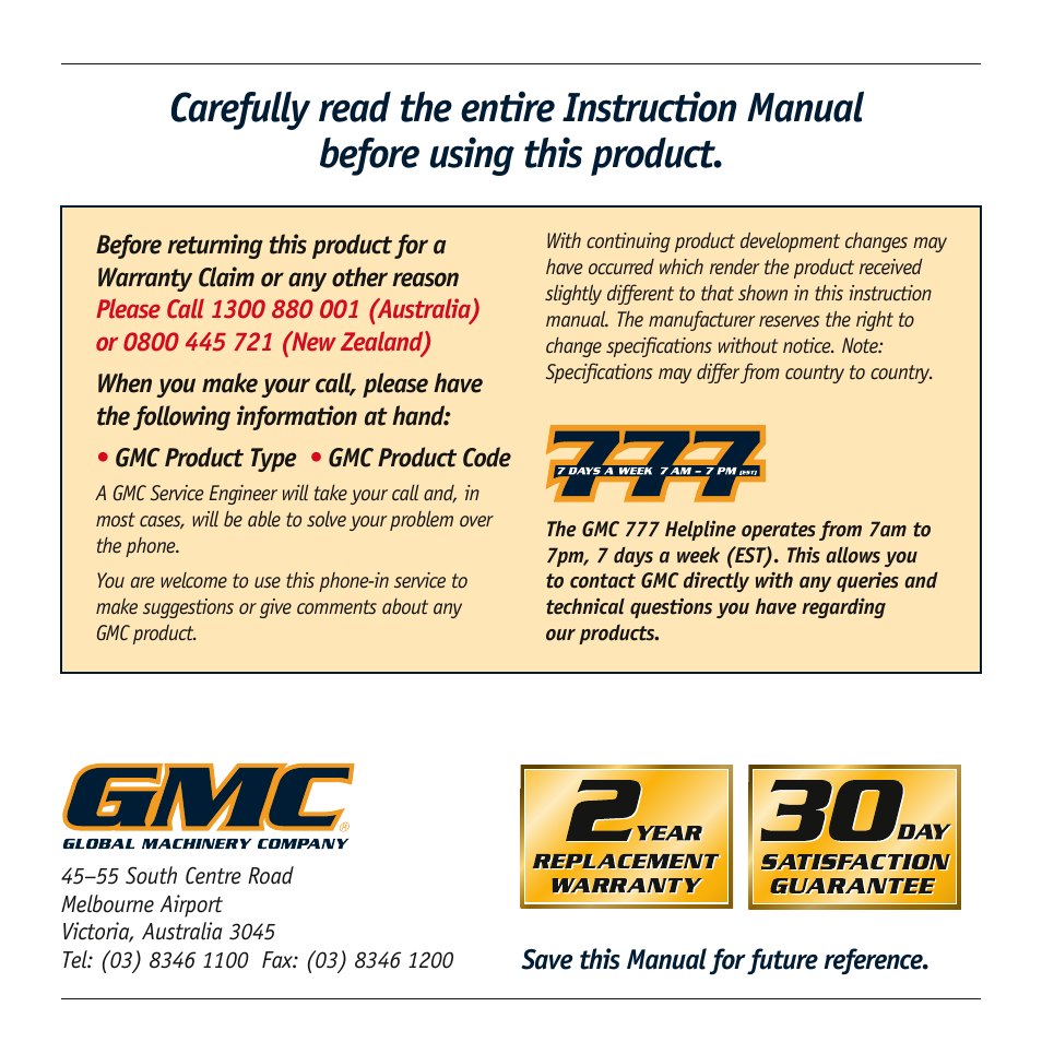 Global Machinery Company SA186 User Manual | Page 11 / 11