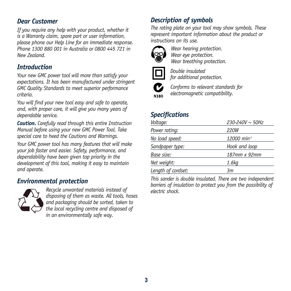 Description of symbols, Specifications, Dear customer | Introduction, Environmental protection | Global Machinery Company SA186 User Manual | Page 3 / 11