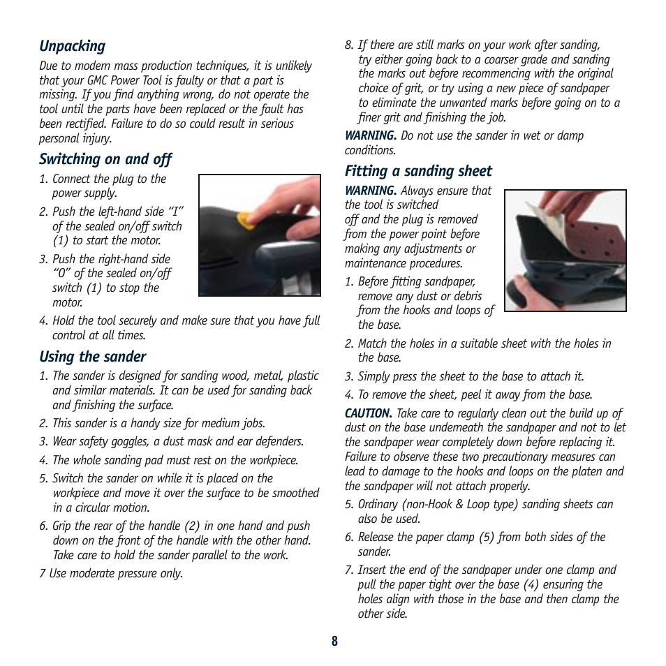 Unpacking, Switching on and off, Using the sander | Fitting a sanding sheet | Global Machinery Company SA186 User Manual | Page 8 / 11