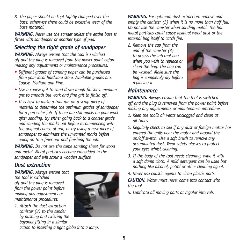 Selecting the right grade of sandpaper, Dust extraction, Maintenance | Global Machinery Company SA186 User Manual | Page 9 / 11