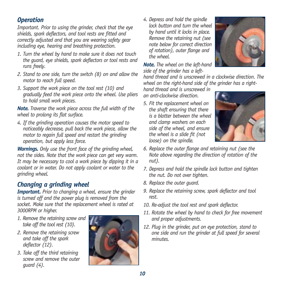 Operation, Changing a grinding wheel | Global Machinery Company BG834HPL User Manual | Page 10 / 13
