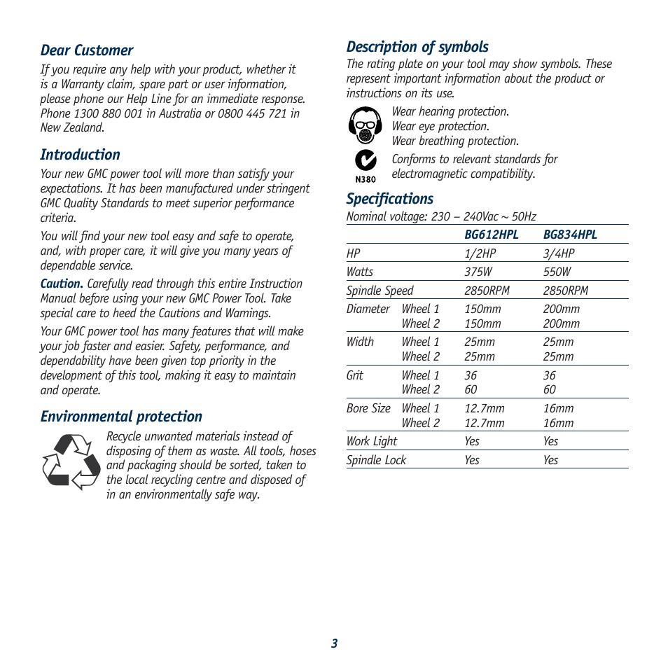 Description of symbols, Specifications, Dear customer | Introduction, Environmental protection | Global Machinery Company BG834HPL User Manual | Page 3 / 13