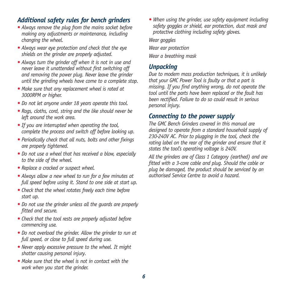 Additional safety rules for bench grinders, Unpacking, Connecting to the power supply | Global Machinery Company BG834HPL User Manual | Page 6 / 13
