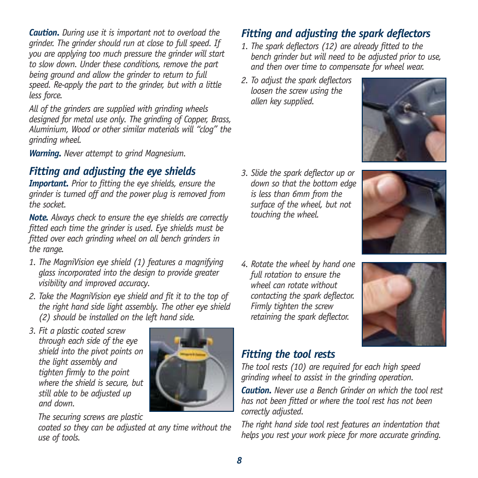 Fitting and adjusting the eye shields, Fitting and adjusting the spark deflectors, Fitting the tool rests | Global Machinery Company BG834HPL User Manual | Page 8 / 13