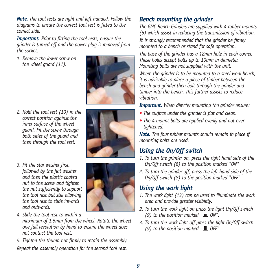 Bench mounting the grinder, Using the on/off switch, Using the work light | Global Machinery Company BG834HPL User Manual | Page 9 / 13