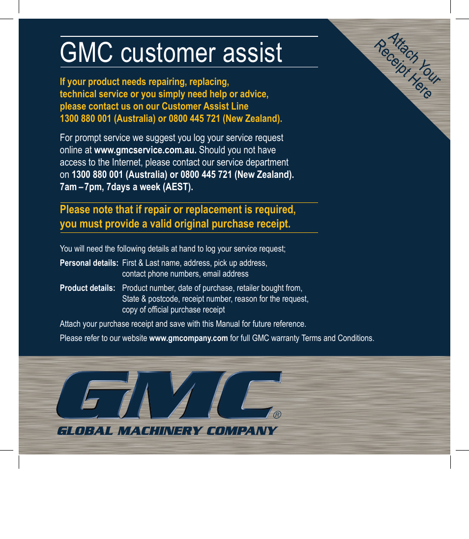 Gmc customer assist | Global Machinery Company SYT210 User Manual | Page 20 / 20