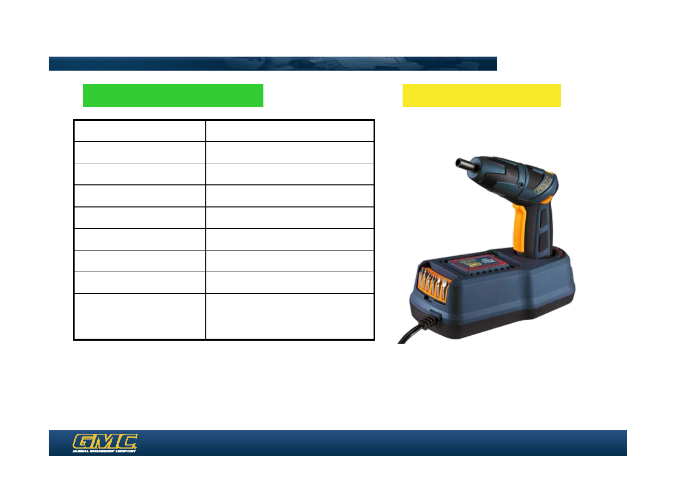 Specification sheet, Technical specifications supplied accessories, Pfc46v – cordless driver | Global Machinery Company PFC46V User Manual | Page 7 / 8