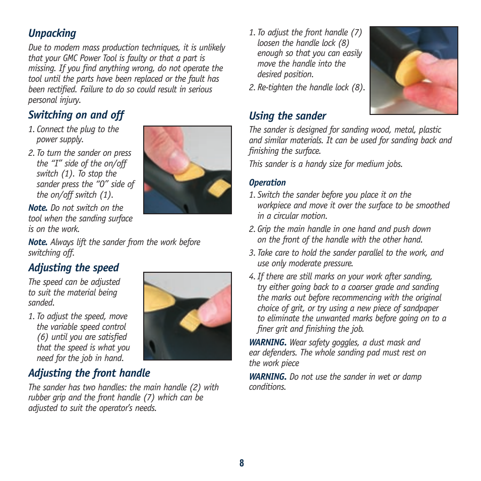 Unpacking, Switching on and off, Adjusting the speed | Adjusting the front handle, Using the sander | Global Machinery Company SA350 User Manual | Page 8 / 12