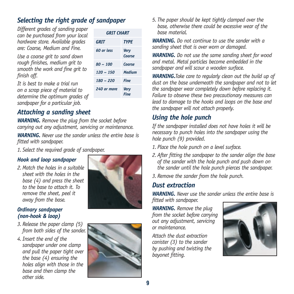 Selecting the right grade of sandpaper, Attaching a sanding sheet, Using the hole punch | Dust extraction | Global Machinery Company SA350 User Manual | Page 9 / 12