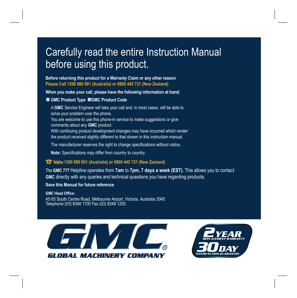 Global Machinery Company VEC117 User Manual | Page 16 / 16