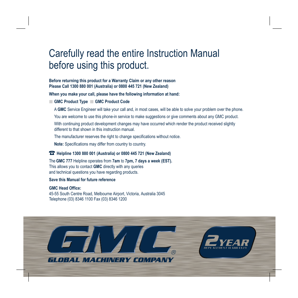 Global Machinery Company KAT150B User Manual | Page 12 / 12