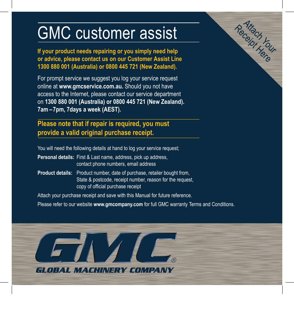 Gmc customer assist | Global Machinery Company CS011A User Manual | Page 12 / 12