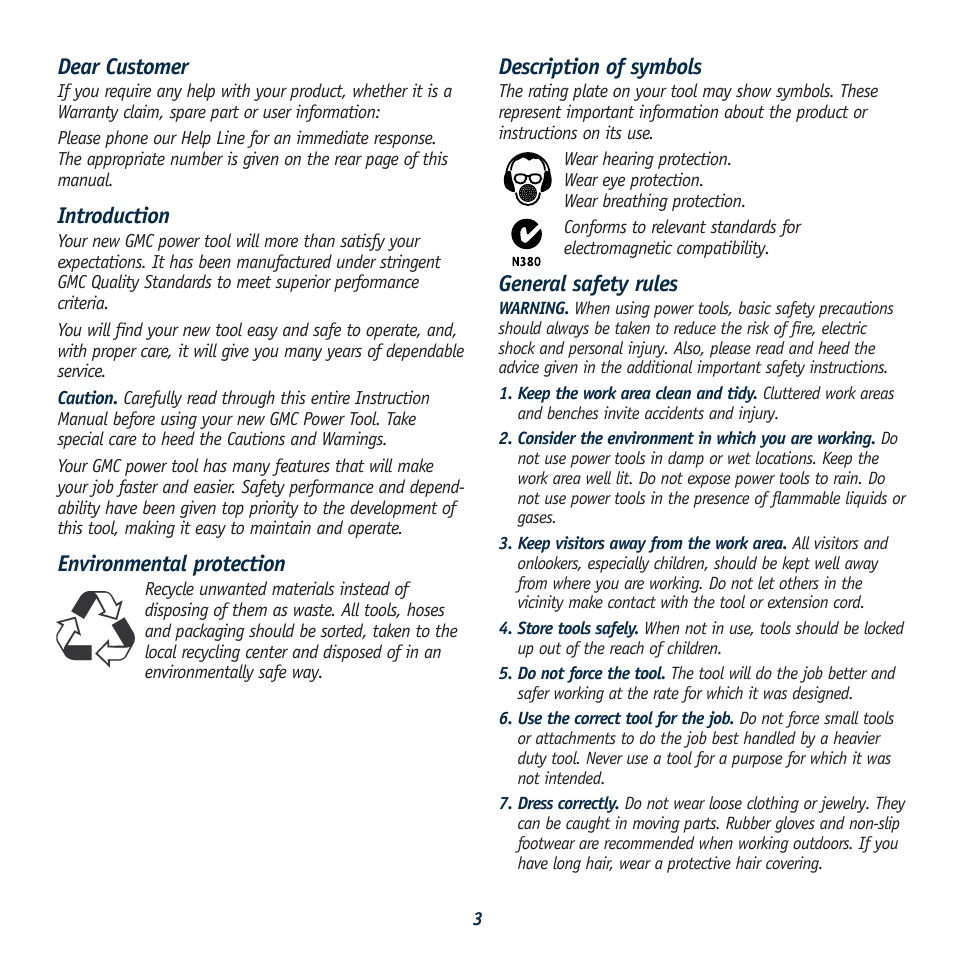 Dear customer, Introduction, Environmental protection | Description of symbols, General safety rules | Global Machinery Company 444B User Manual | Page 3 / 8