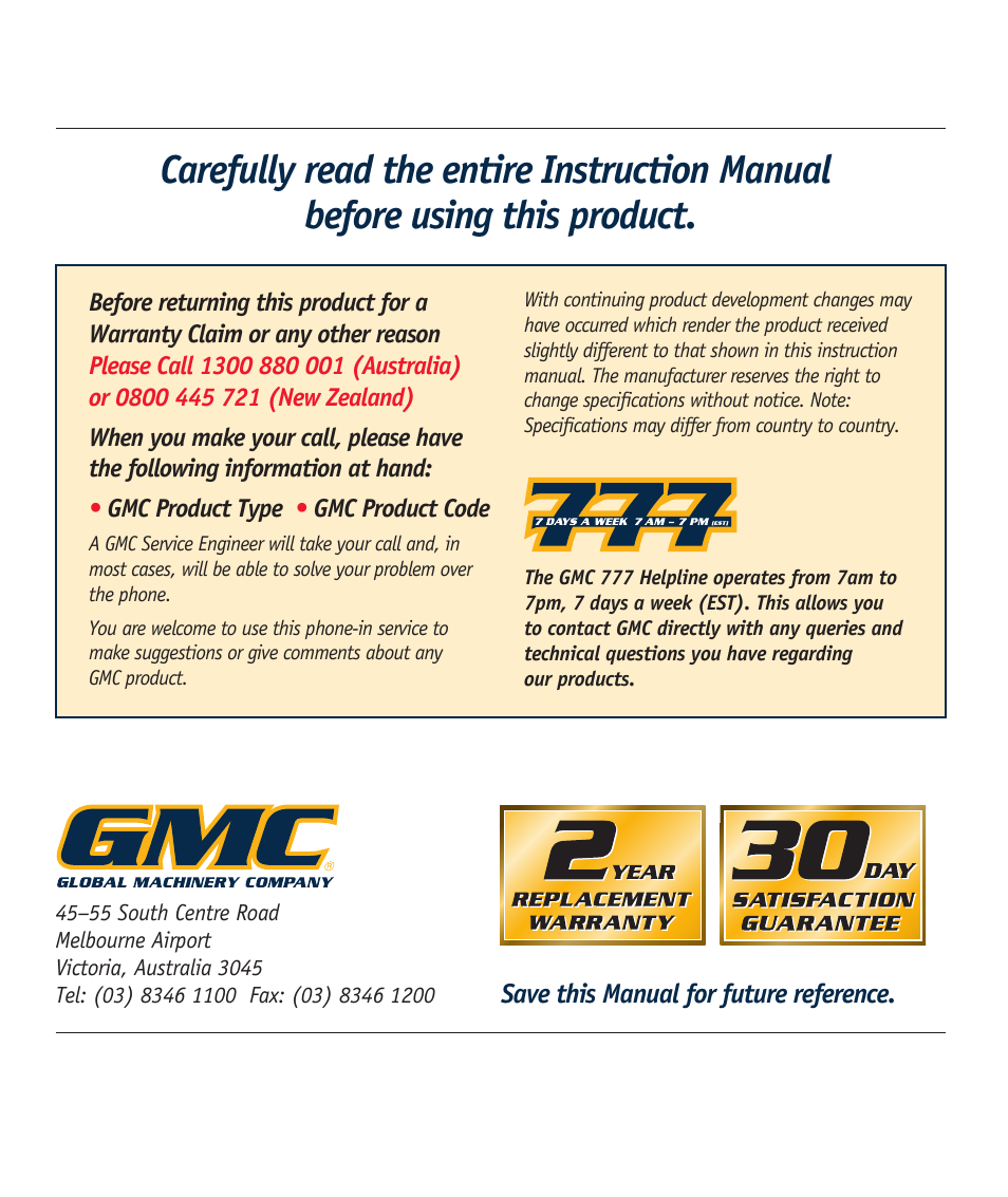 Global Machinery Company REDEYE LSSLV User Manual | Page 9 / 9