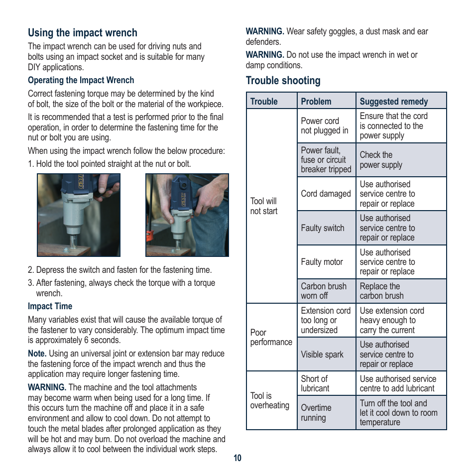Using the impact wrench, Trouble shooting | Global Machinery Company IW1000 User Manual | Page 10 / 12