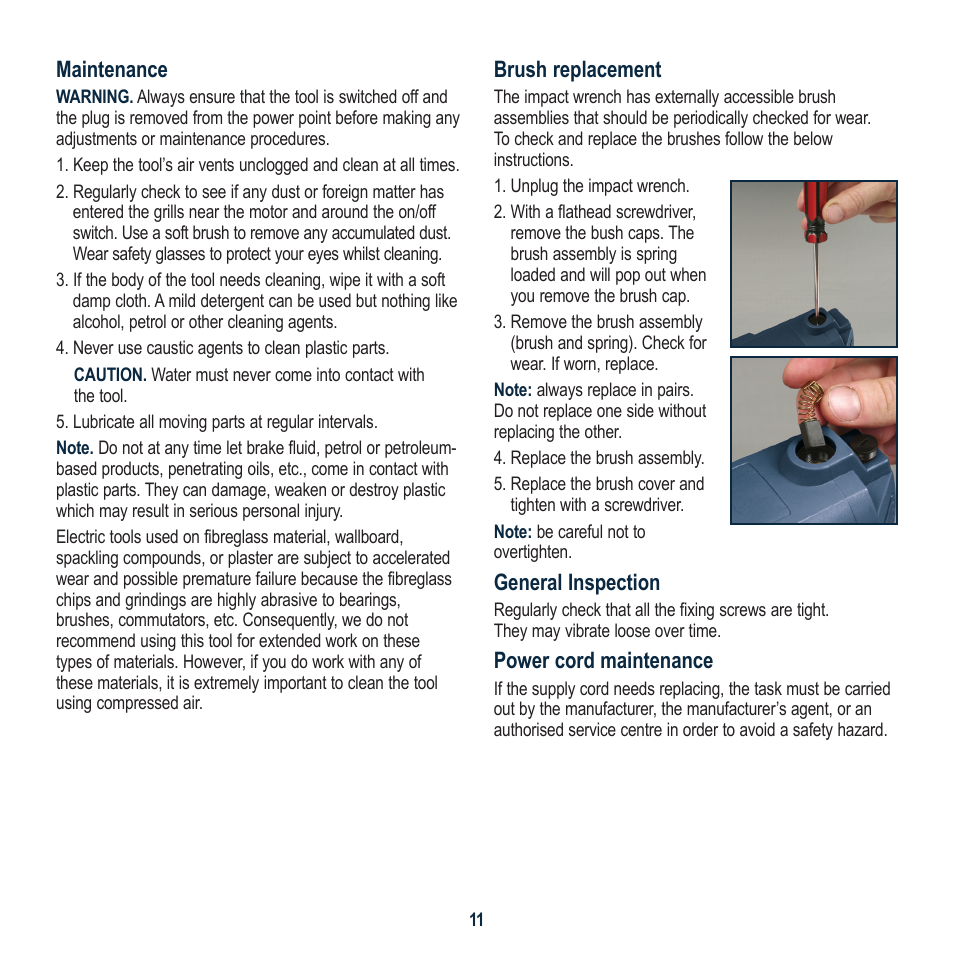 Maintenance, Brush replacement, General inspection | Power cord maintenance | Global Machinery Company IW1000 User Manual | Page 11 / 12