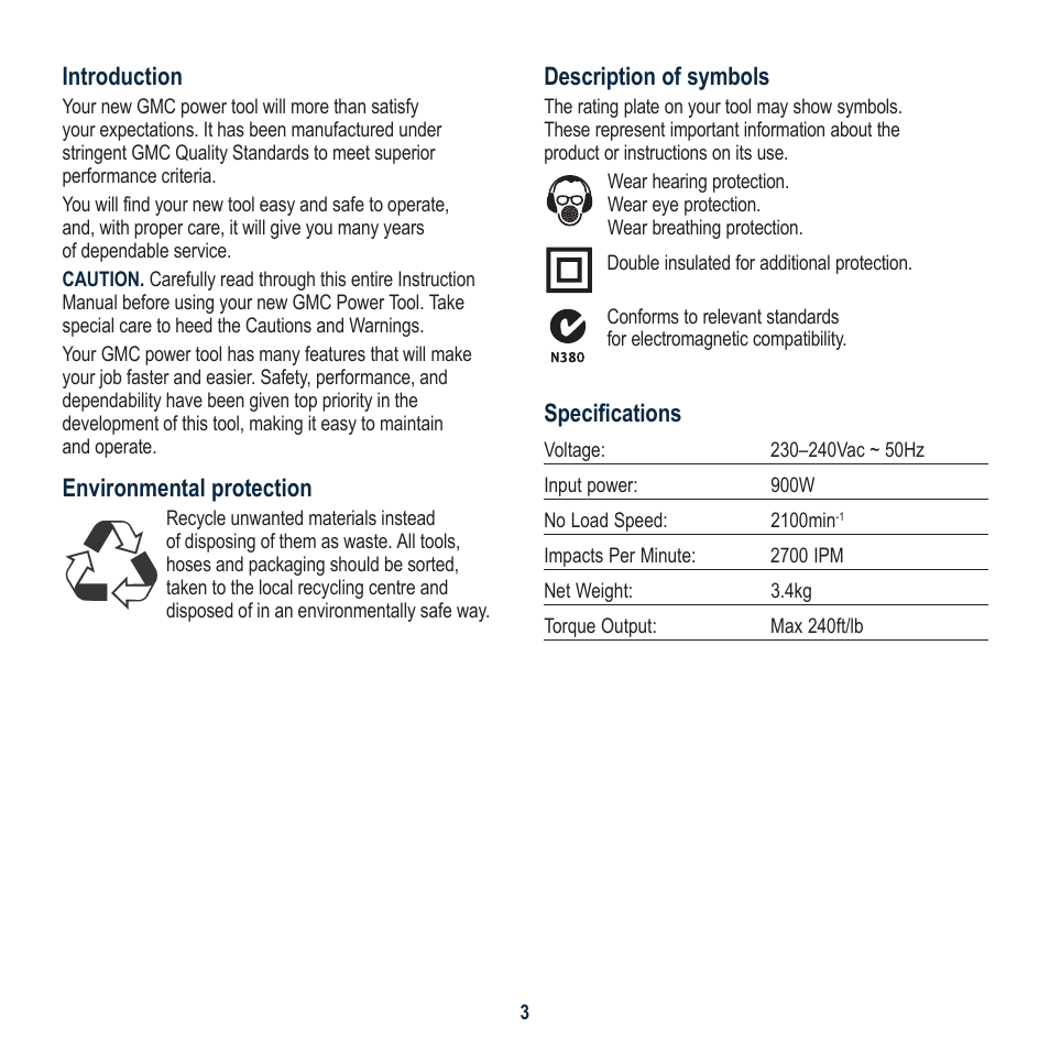Description of symbols, Specifications, Introduction | Environmental protection | Global Machinery Company IW1000 User Manual | Page 3 / 12