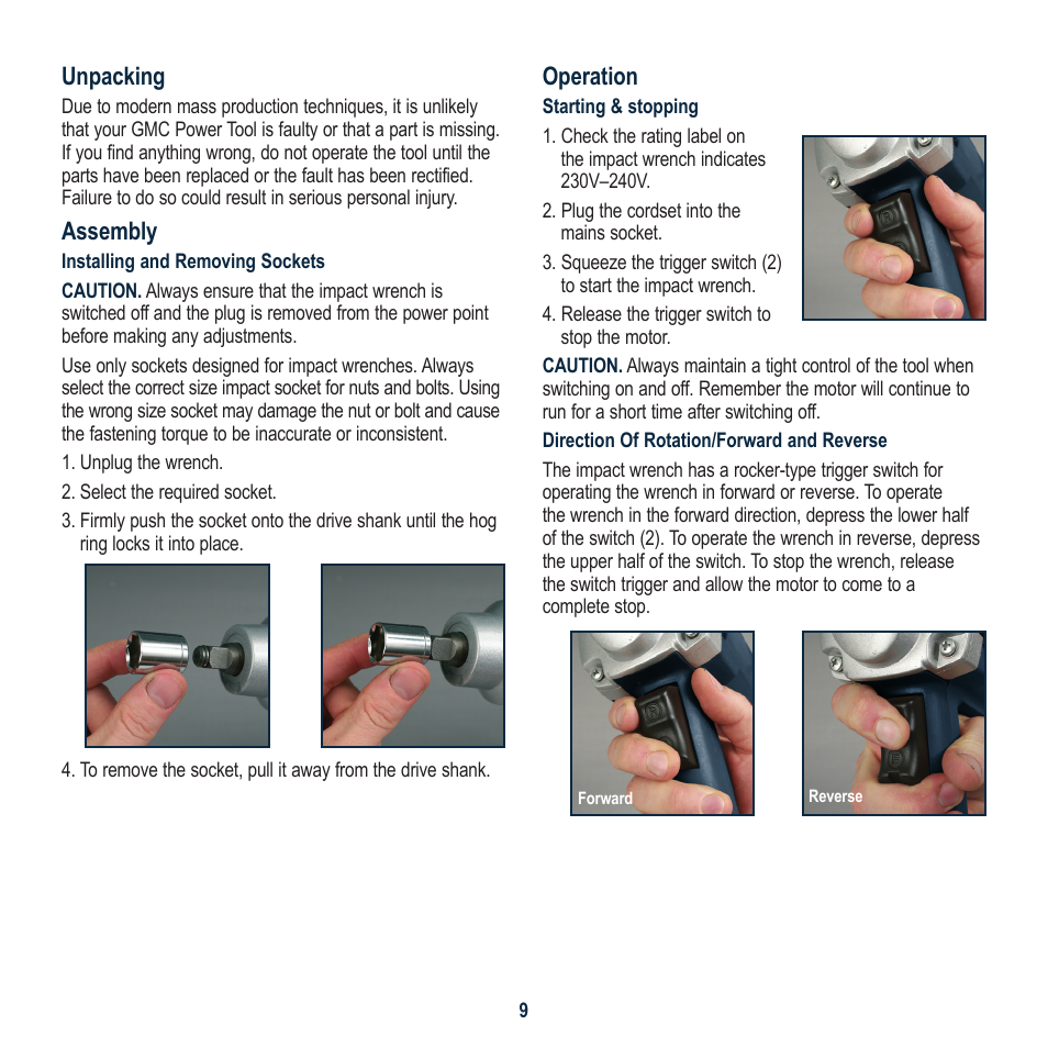 Unpacking, Assembly, Operation | Global Machinery Company IW1000 User Manual | Page 9 / 12