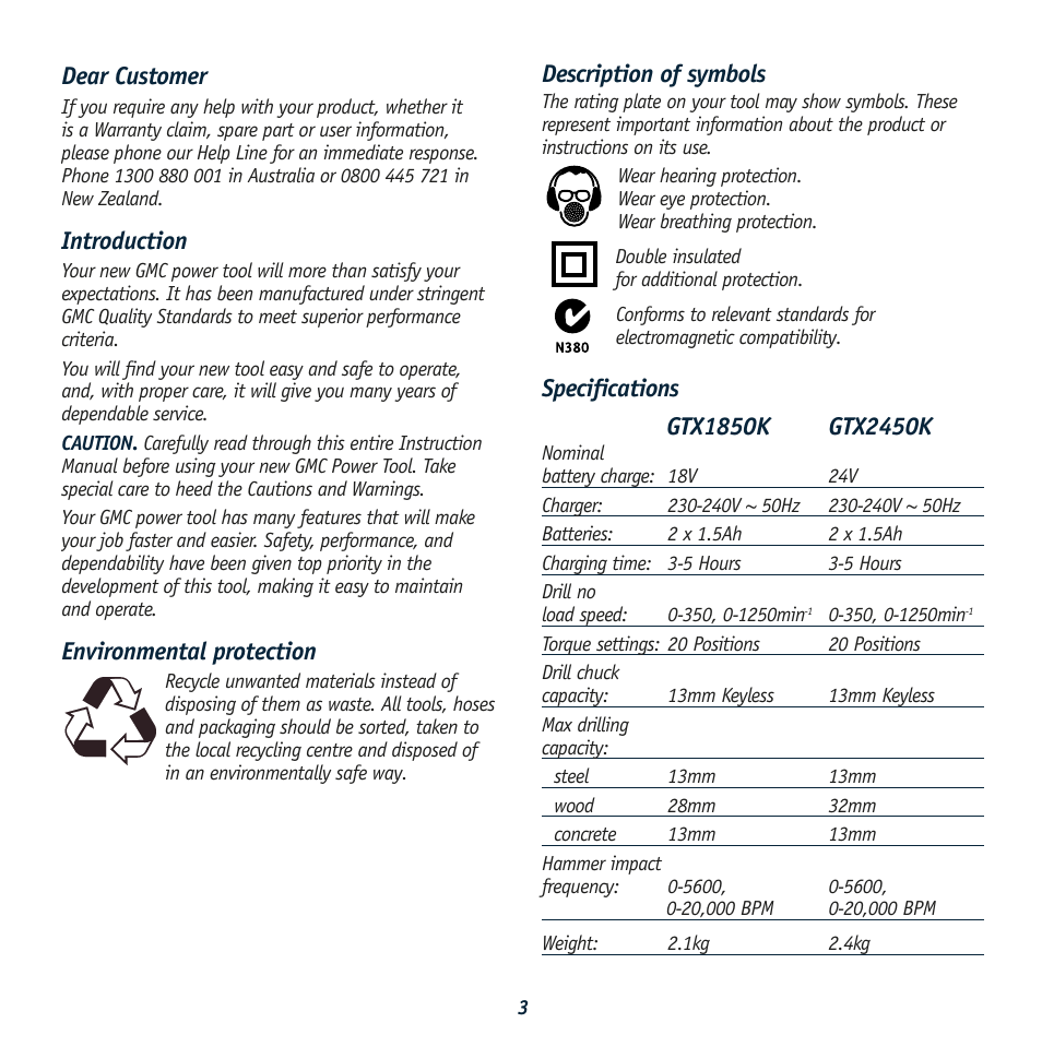 Description of symbols, Dear customer, Introduction | Environmental protection | Global Machinery Company GTX2450K User Manual | Page 3 / 16