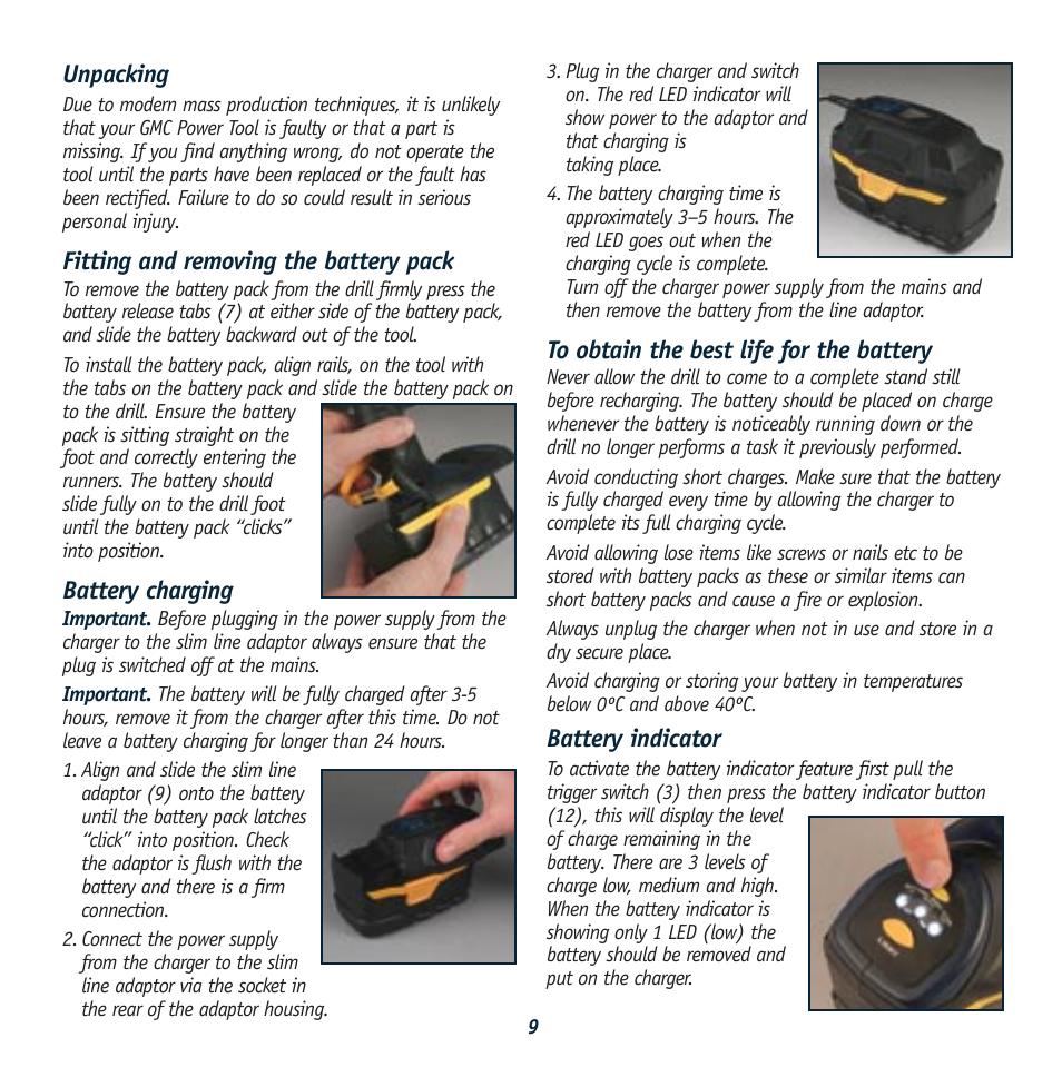 Unpacking, Fitting and removing the battery pack, Battery charging | Battery indicator | Global Machinery Company GTX2450K User Manual | Page 9 / 16