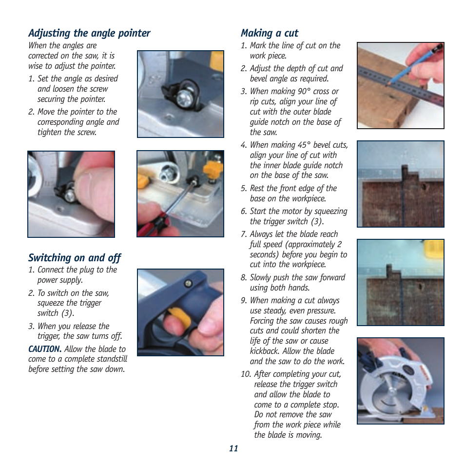 Adjusting the angle pointer, Switching on and off, Making a cut | Global Machinery Company LS236LS User Manual | Page 11 / 15