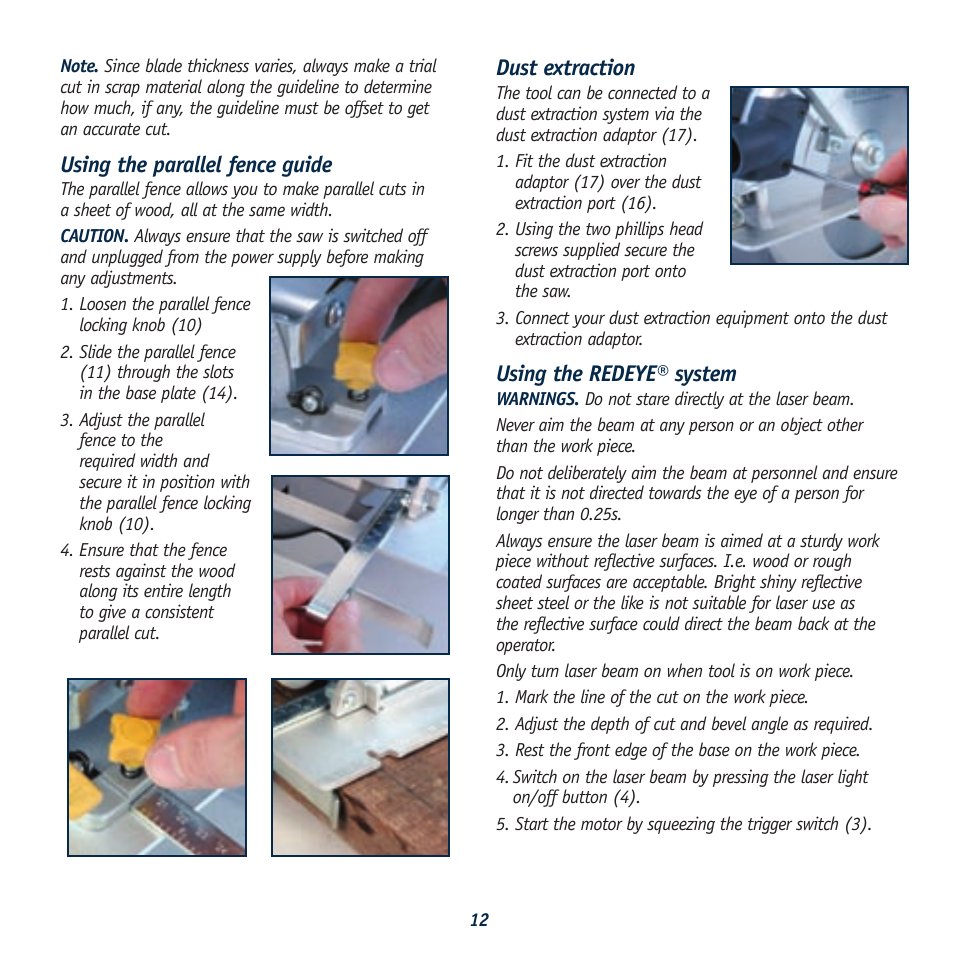 Using the parallel fence guide, Dust extraction, Using the redeye® system | Global Machinery Company LS236LS User Manual | Page 12 / 15