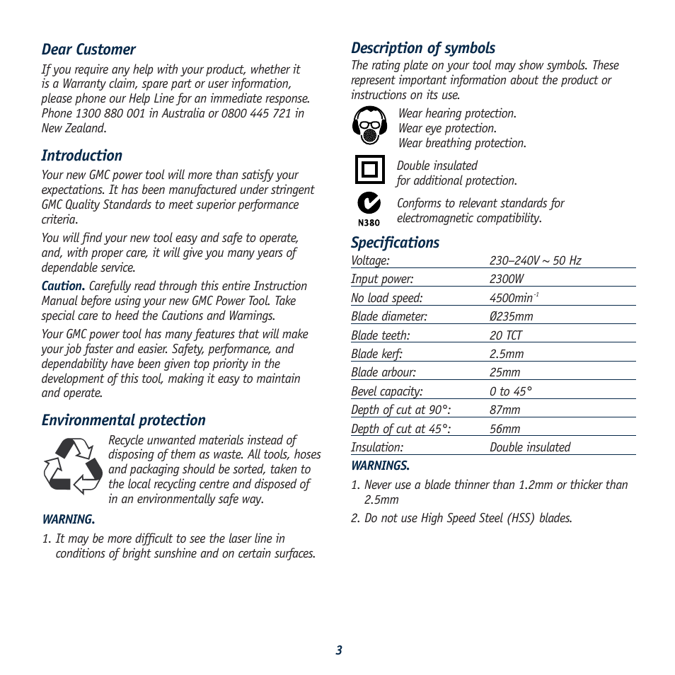 Description of symbols, Specifications, Dear customer | Introduction, Environmental protection | Global Machinery Company LS236LS User Manual | Page 3 / 15