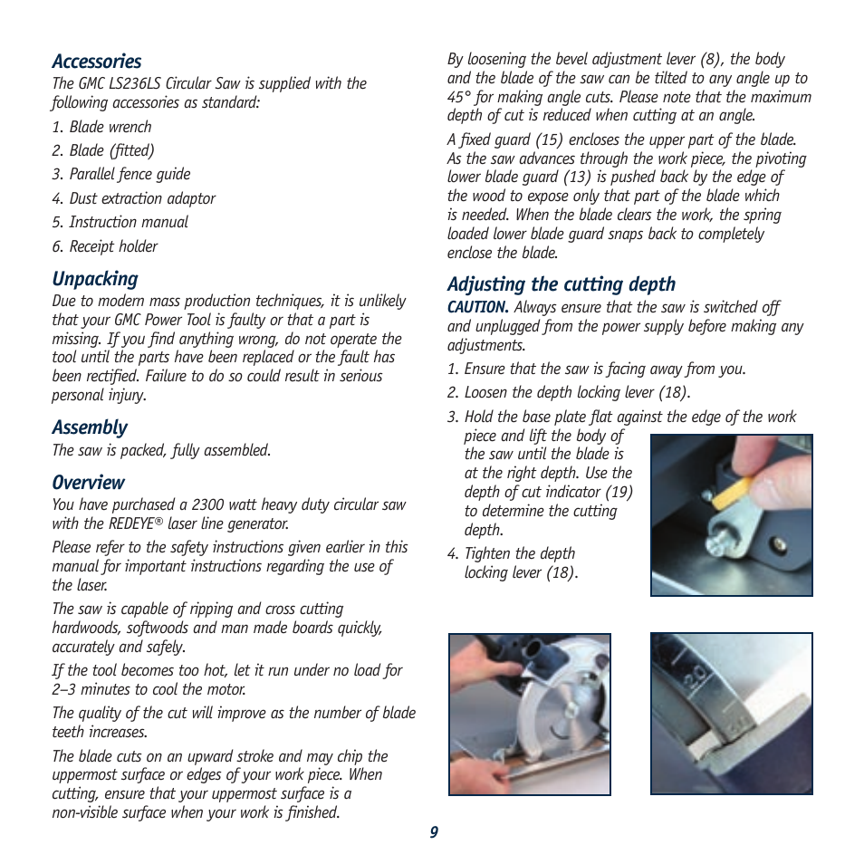 Accessories, Unpacking, Assembly | Overview, Adjusting the cutting depth | Global Machinery Company LS236LS User Manual | Page 9 / 15