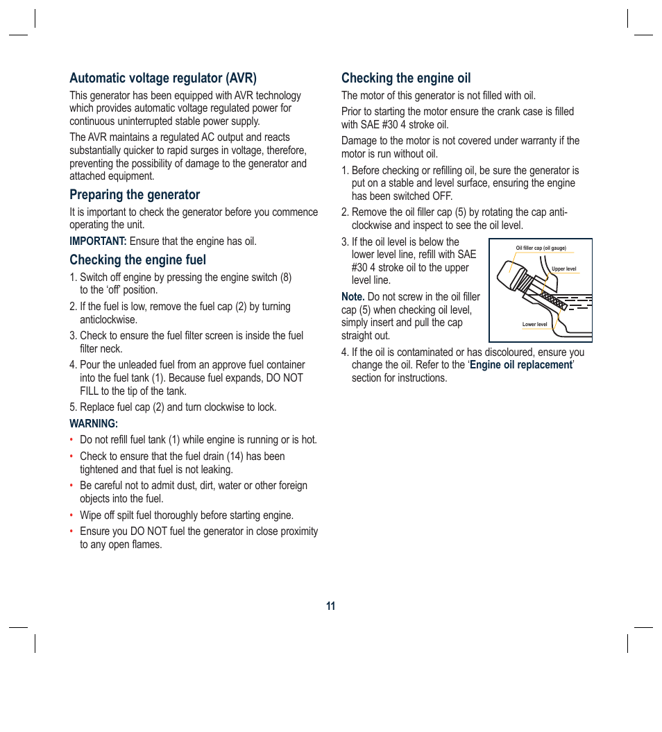 Automatic voltage regulator (avr), Preparing the generator, Checking the engine fuel | Checking the engine oil | Global Machinery Company GEN1000 User Manual | Page 11 / 20