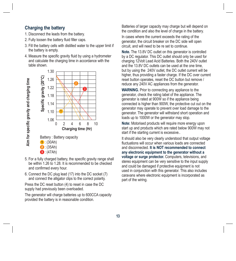 Charging the battery | Global Machinery Company GEN1000 User Manual | Page 13 / 20