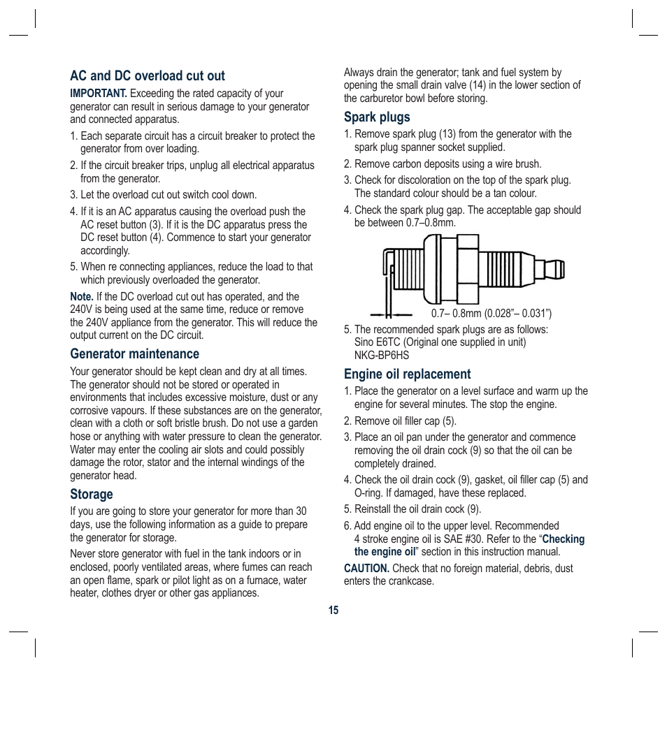 Ac and dc overload cut out, Generator maintenance, Storage | Spark plugs, Engine oil replacement | Global Machinery Company GEN1000 User Manual | Page 15 / 20