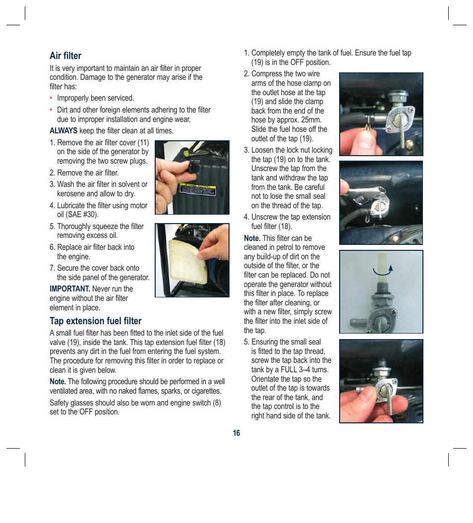 Air filter, Tap extension fuel filter | Global Machinery Company GEN1000 User Manual | Page 16 / 20