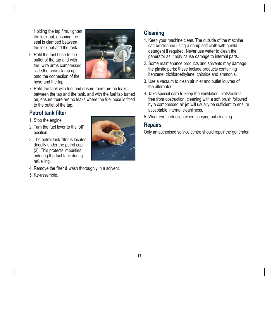 Petrol tank filter, Cleaning, Repairs | Global Machinery Company GEN1000 User Manual | Page 17 / 20