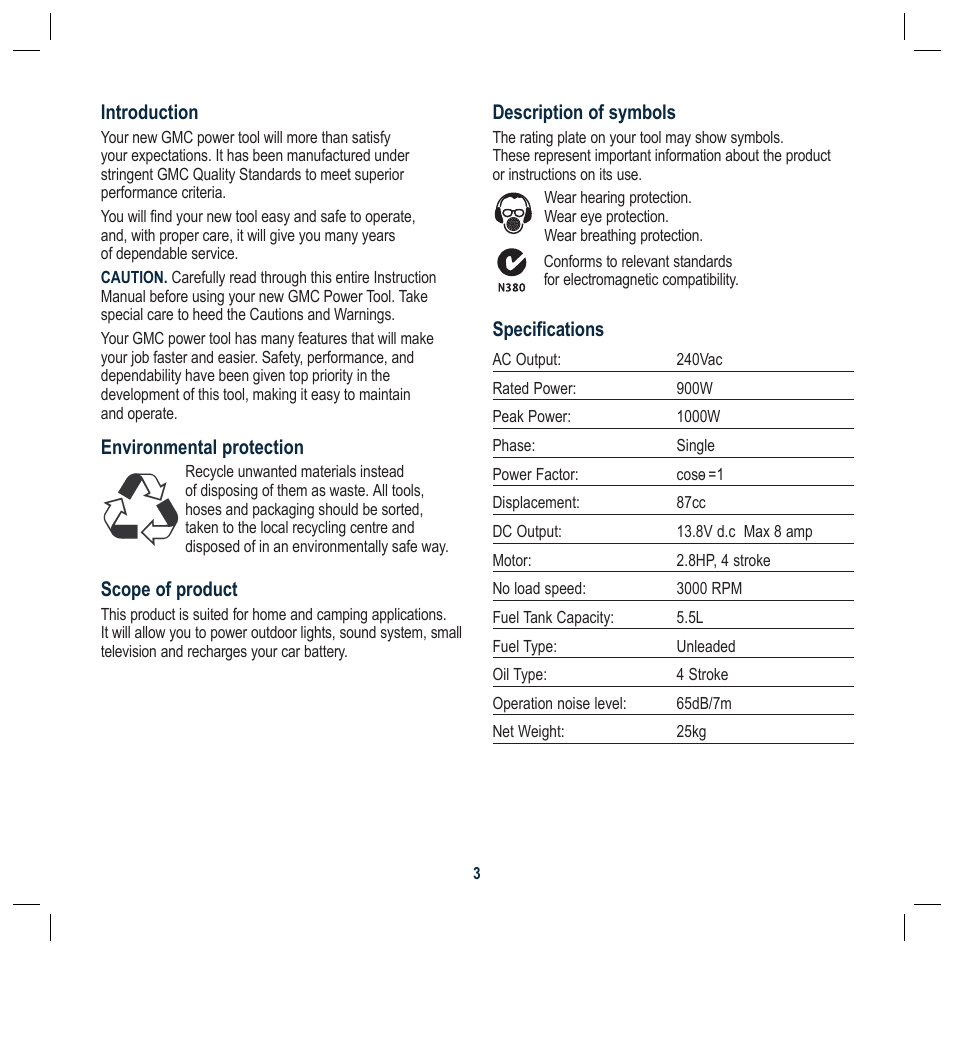 Scope of product, Description of symbols, Specifications | Introduction, Environmental protection | Global Machinery Company GEN1000 User Manual | Page 3 / 20