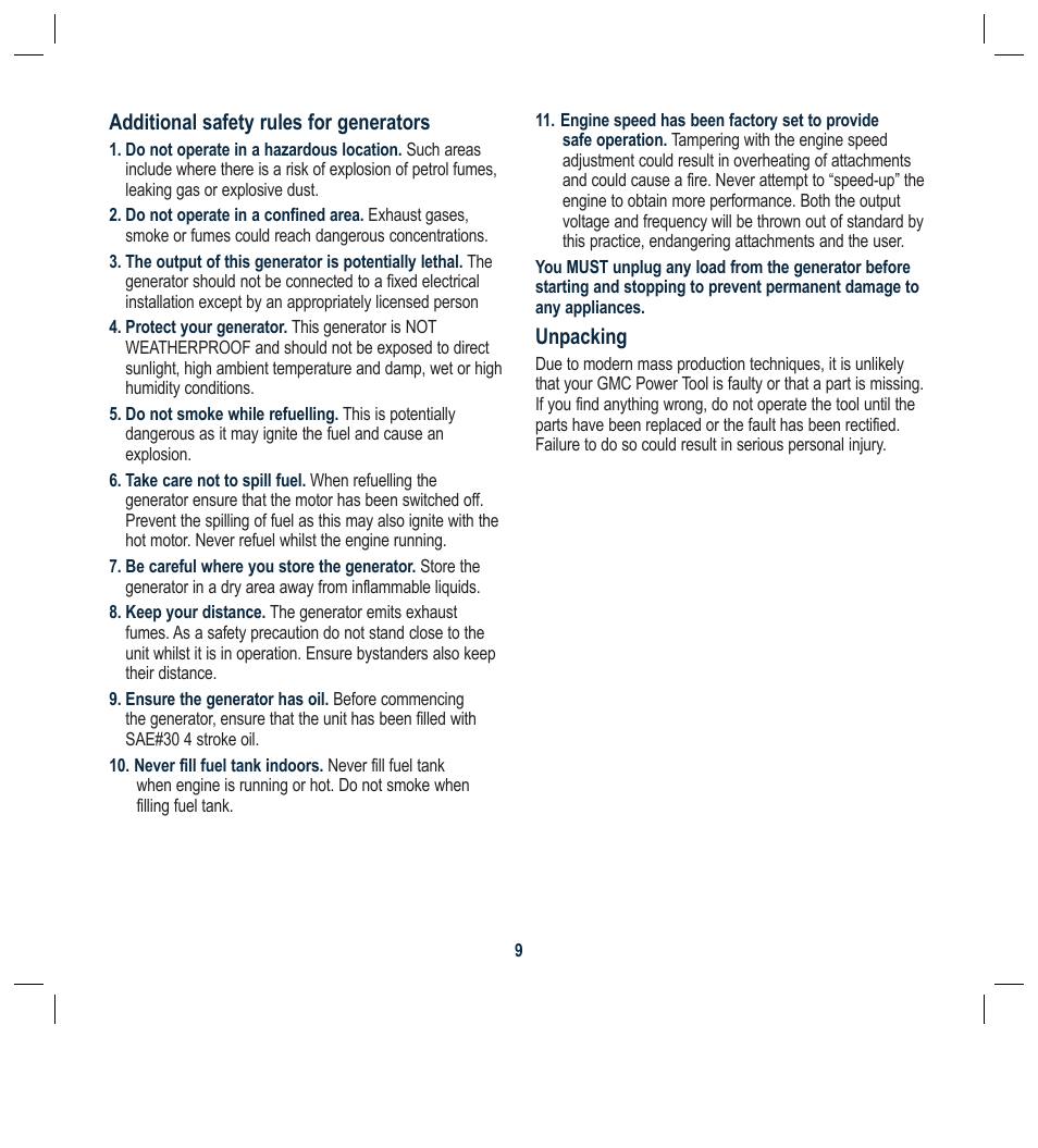 Additional safety rules for generators, Unpacking | Global Machinery Company GEN1000 User Manual | Page 9 / 20